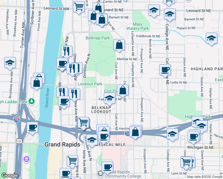 map of restaurants, bars, coffee shops, grocery stores, and more near 727 Coit Avenue Northeast in Grand Rapids