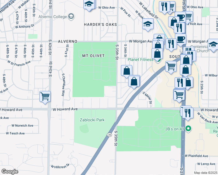 map of restaurants, bars, coffee shops, grocery stores, and more near 3747 South 35th Street in Greenfield