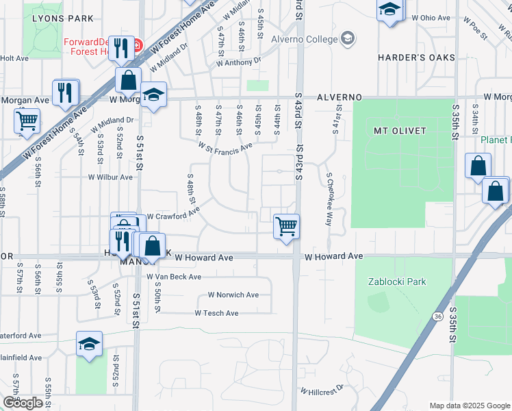 map of restaurants, bars, coffee shops, grocery stores, and more near 4502 West Crawford Avenue in Greenfield
