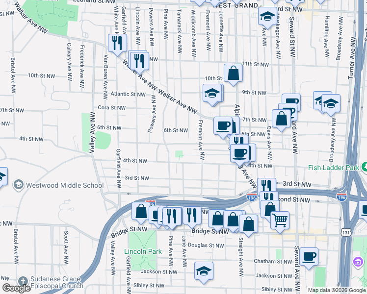 map of restaurants, bars, coffee shops, grocery stores, and more near 919 5th Street Northwest in Grand Rapids