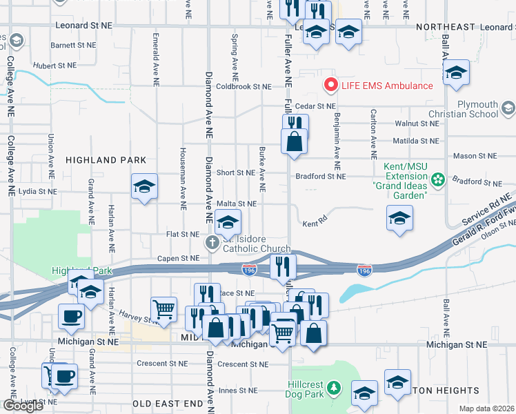 map of restaurants, bars, coffee shops, grocery stores, and more near 1105 Malta Street Northeast in Grand Rapids