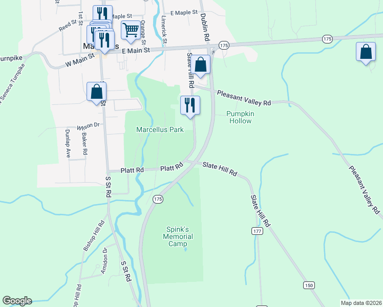 map of restaurants, bars, coffee shops, grocery stores, and more near 4264 Slate Hill Road in Marcellus