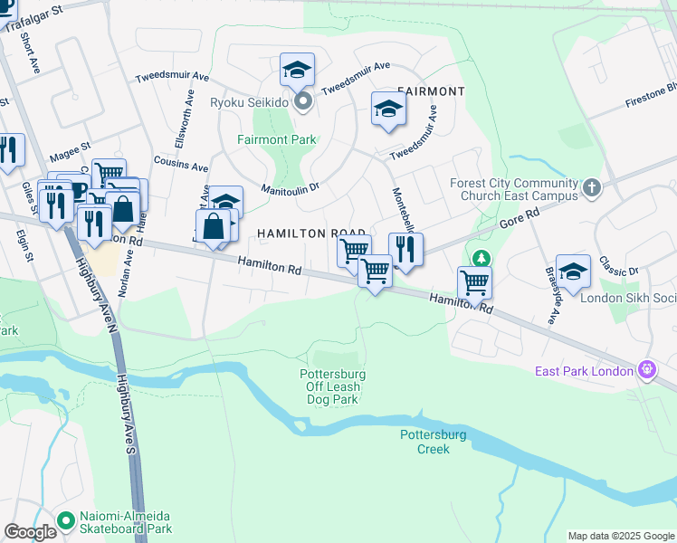 map of restaurants, bars, coffee shops, grocery stores, and more near 1130 Hamilton Road in London