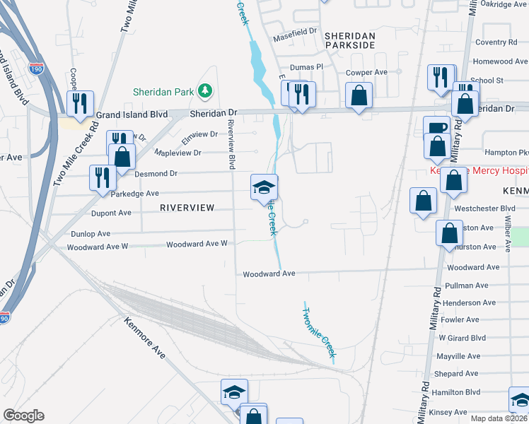 map of restaurants, bars, coffee shops, grocery stores, and more near 365 Dupont Avenue in Tonawanda