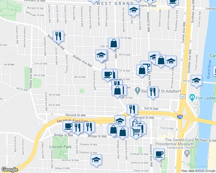 map of restaurants, bars, coffee shops, grocery stores, and more near 828 5th Street Northwest in Grand Rapids