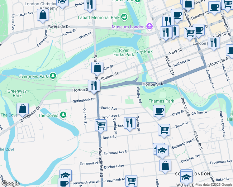 map of restaurants, bars, coffee shops, grocery stores, and more near 44 Victor Street in London
