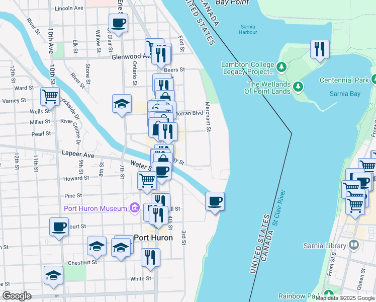 map of restaurants, bars, coffee shops, grocery stores, and more near 220 Fort Street in Port Huron