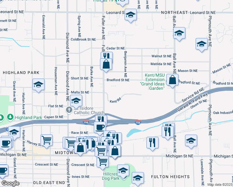 map of restaurants, bars, coffee shops, grocery stores, and more near 750 Fuller Avenue Northeast in Grand Rapids