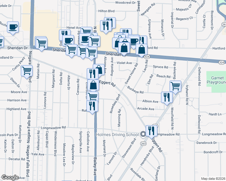 map of restaurants, bars, coffee shops, grocery stores, and more near 1844 Eggert Road in Buffalo