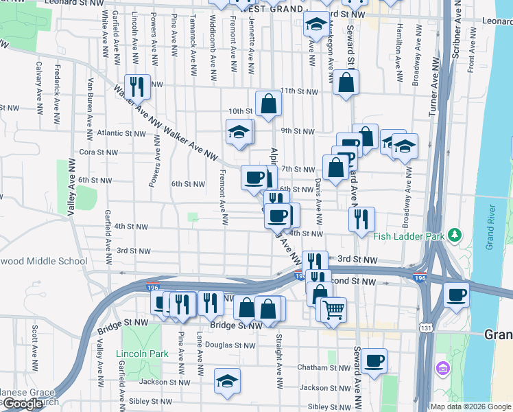 map of restaurants, bars, coffee shops, grocery stores, and more near 713 Stocking Avenue Northwest in Grand Rapids