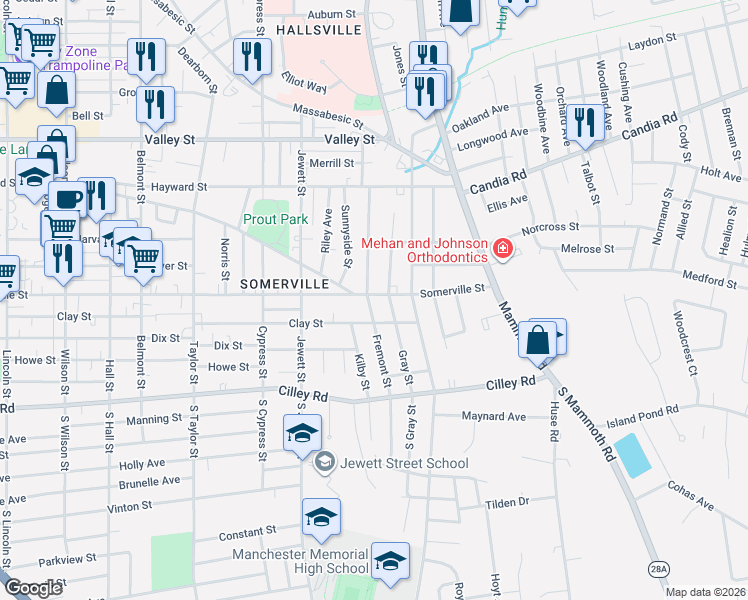 map of restaurants, bars, coffee shops, grocery stores, and more near 1120 Somerville Street in Manchester