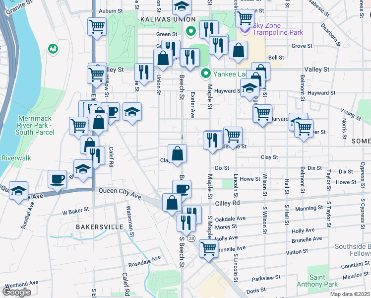 map of restaurants, bars, coffee shops, grocery stores, and more near 292 Somerville Street in Manchester