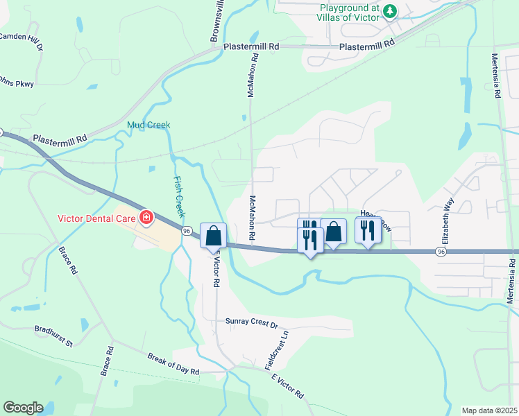 map of restaurants, bars, coffee shops, grocery stores, and more near 1233 McMahon Road in Victor