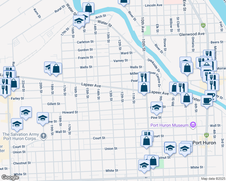 map of restaurants, bars, coffee shops, grocery stores, and more near 1302 Lapeer Avenue in Port Huron