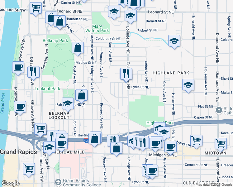 map of restaurants, bars, coffee shops, grocery stores, and more near 742 North Avenue Northeast in Grand Rapids
