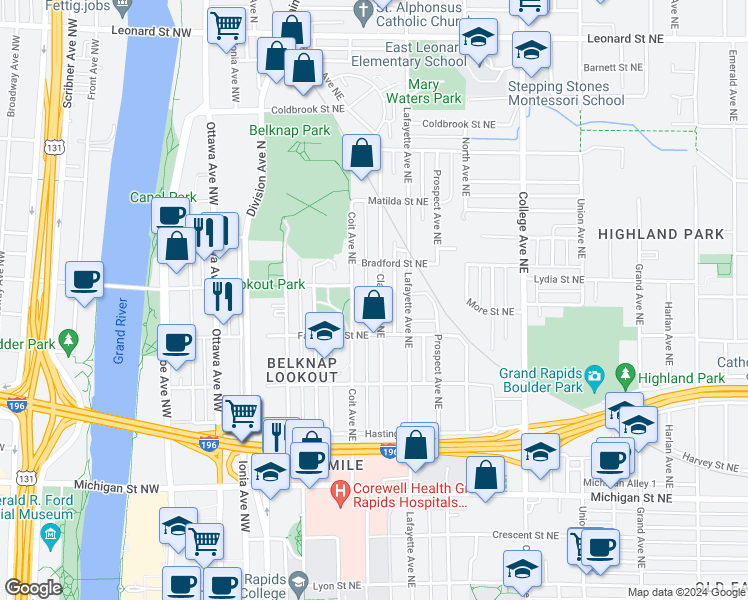 map of restaurants, bars, coffee shops, grocery stores, and more near 741 Clancy Avenue Northeast in Grand Rapids