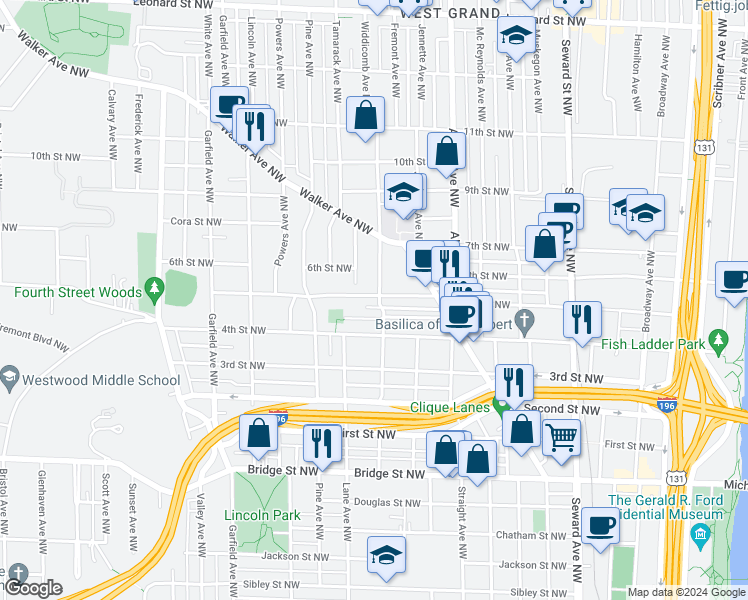 map of restaurants, bars, coffee shops, grocery stores, and more near 919 5th Street Northwest in Grand Rapids