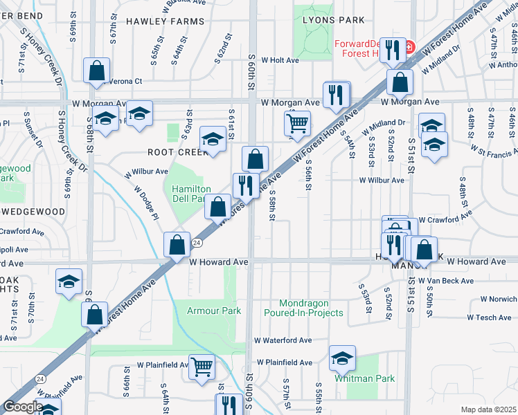 map of restaurants, bars, coffee shops, grocery stores, and more near 3755 South 58th Street in Milwaukee