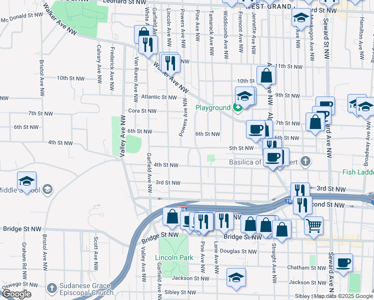 map of restaurants, bars, coffee shops, grocery stores, and more near 1100 5th Street Northwest in Grand Rapids