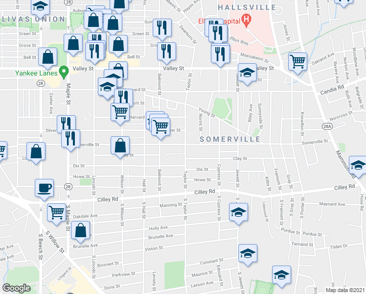 map of restaurants, bars, coffee shops, grocery stores, and more near 789 Somerville Street in Manchester