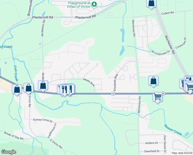map of restaurants, bars, coffee shops, grocery stores, and more near 1296 Courtney Drive in Victor