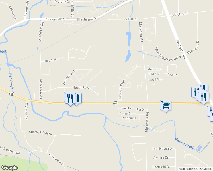 map of restaurants, bars, coffee shops, grocery stores, and more near 1300 Courtney Drive in Victor