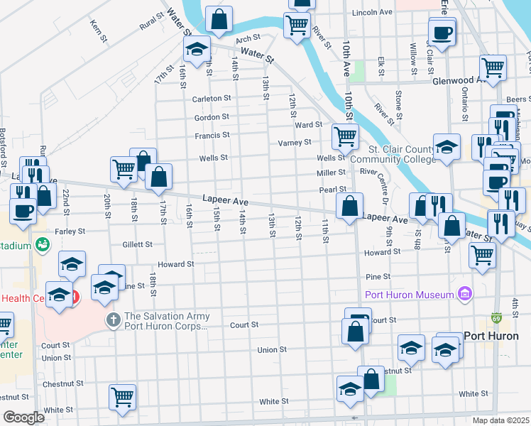 map of restaurants, bars, coffee shops, grocery stores, and more near 1302 Lapeer Avenue in Port Huron
