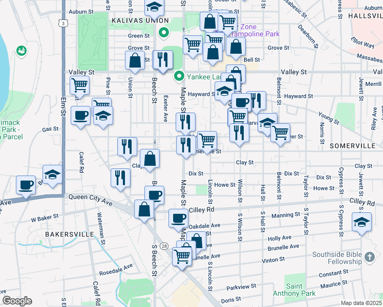 map of restaurants, bars, coffee shops, grocery stores, and more near 419 Somerville Street in Manchester
