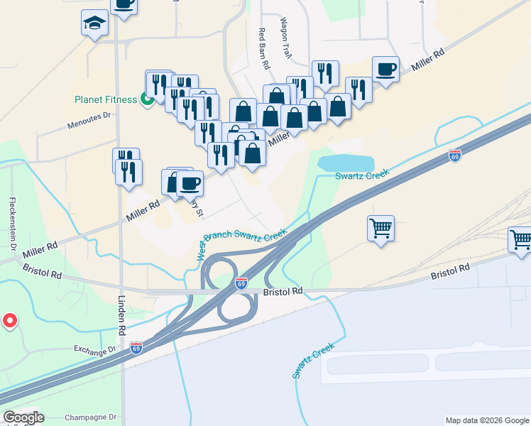 map of restaurants, bars, coffee shops, grocery stores, and more near 3409 Swartz Street in Flint
