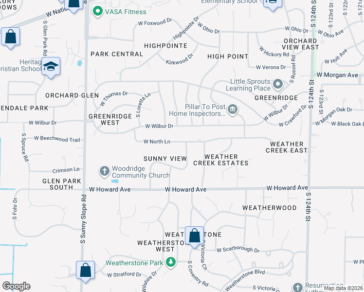 map of restaurants, bars, coffee shops, grocery stores, and more near 3715 South Sunny View Drive in New Berlin
