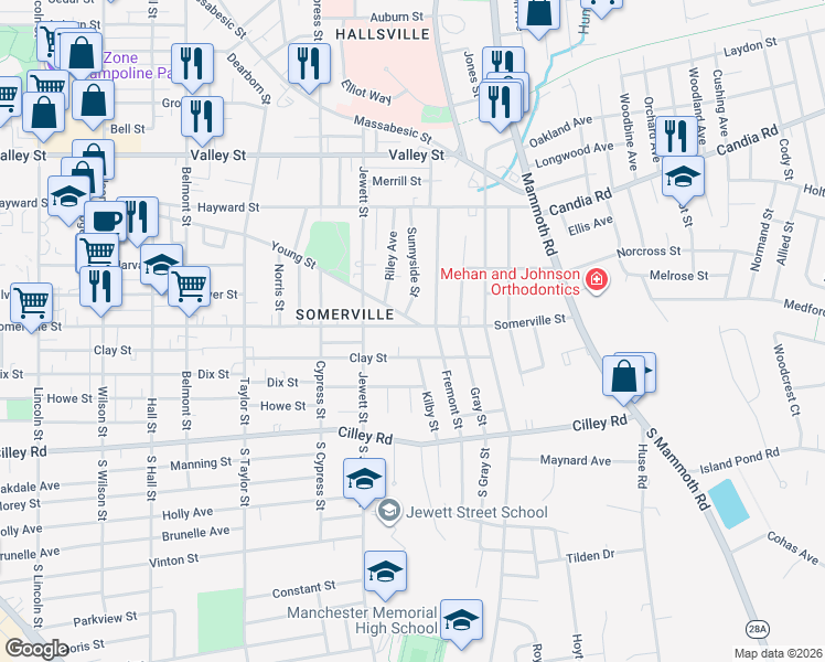 map of restaurants, bars, coffee shops, grocery stores, and more near 456 Young Street in Manchester