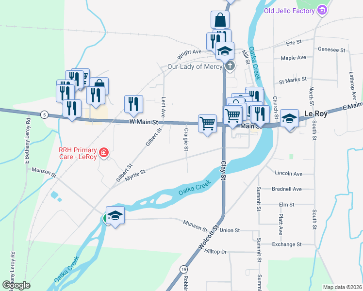 map of restaurants, bars, coffee shops, grocery stores, and more near 17 Craigie Street in Le Roy