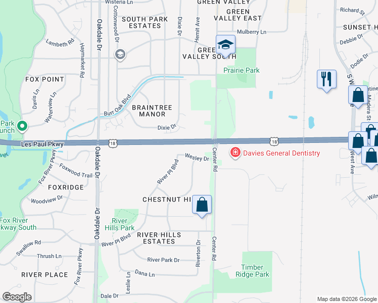 map of restaurants, bars, coffee shops, grocery stores, and more near 926 Wesley Drive in Waukesha