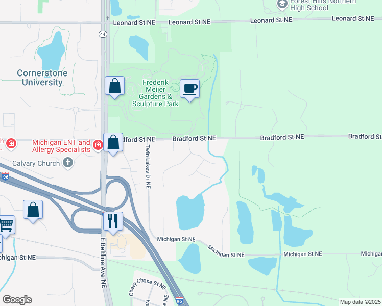 map of restaurants, bars, coffee shops, grocery stores, and more near 5940 Eastridge Court Northeast in Grand Rapids