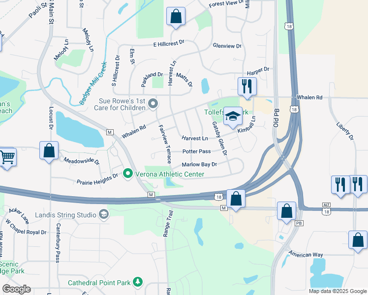 map of restaurants, bars, coffee shops, grocery stores, and more near 724 Ethan Terrace in Verona