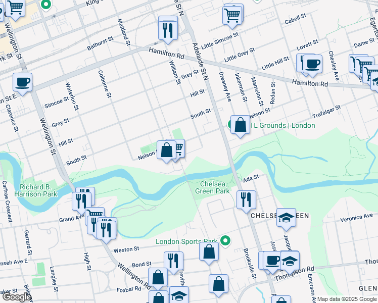 map of restaurants, bars, coffee shops, grocery stores, and more near 516 Philip Street in London