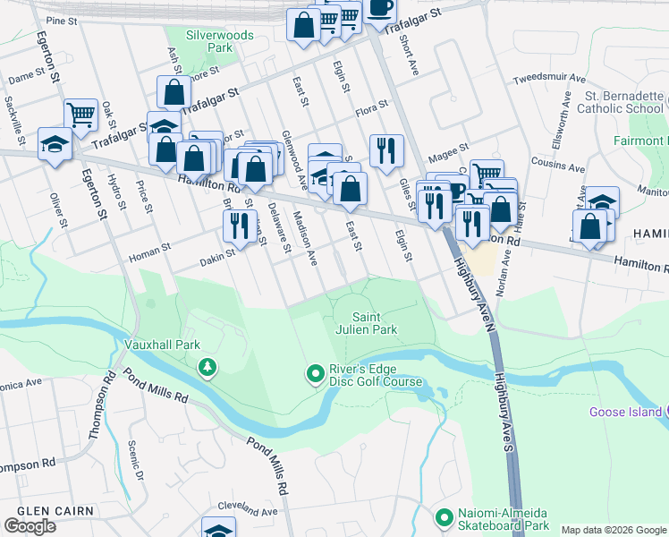 map of restaurants, bars, coffee shops, grocery stores, and more near 105 Pine Lawn Avenue in London