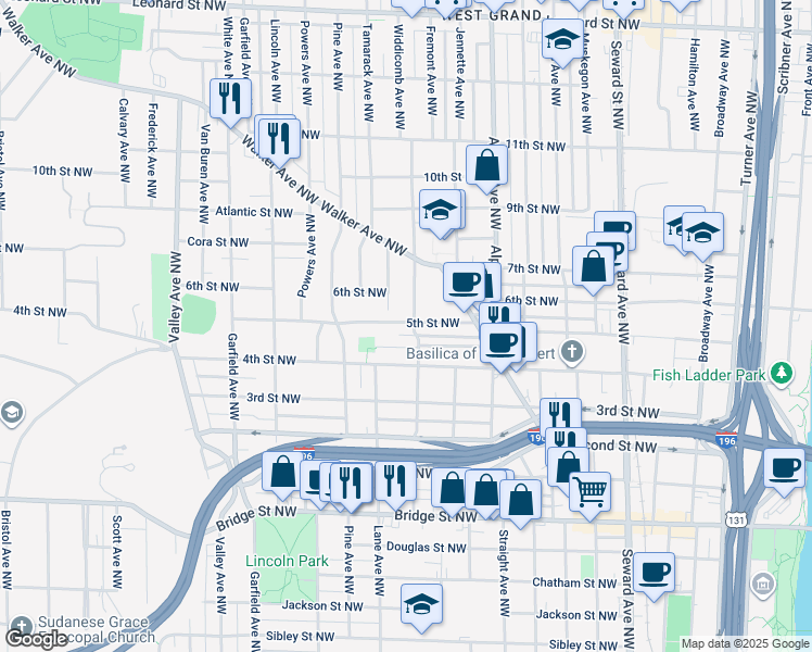 map of restaurants, bars, coffee shops, grocery stores, and more near 679 Fremont Avenue Northwest in Grand Rapids