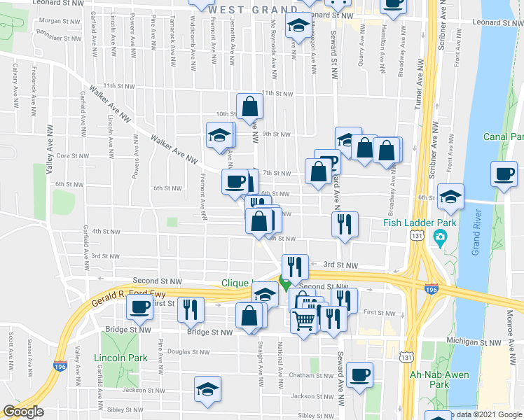 map of restaurants, bars, coffee shops, grocery stores, and more near 763 5th Street Northwest in Grand Rapids