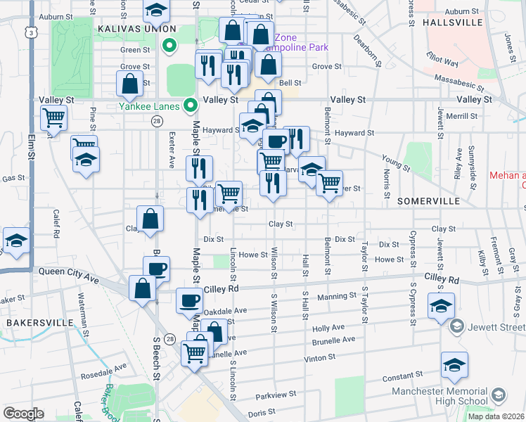 map of restaurants, bars, coffee shops, grocery stores, and more near 521 Somerville Street in Manchester
