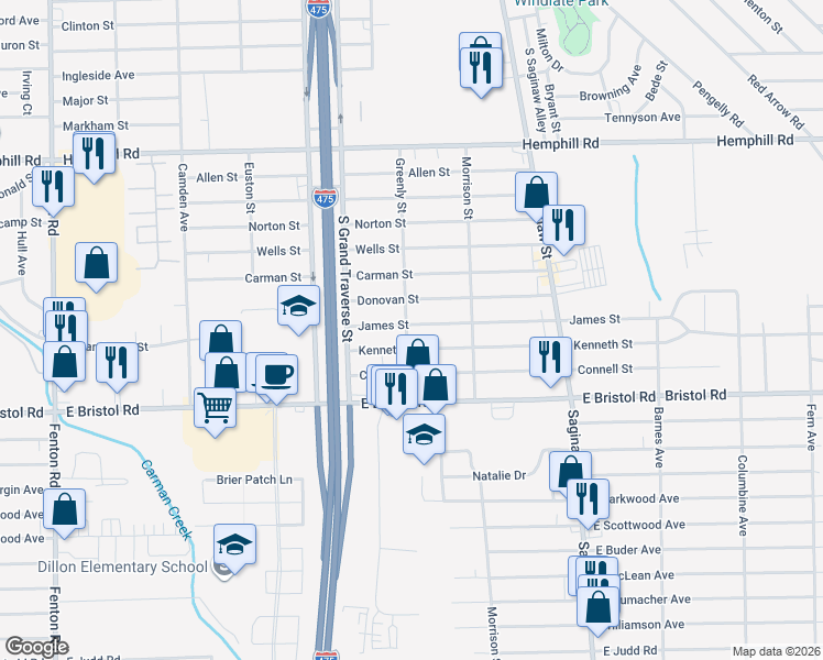 map of restaurants, bars, coffee shops, grocery stores, and more near 1374 James Street in Burton