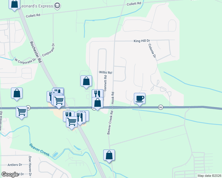 map of restaurants, bars, coffee shops, grocery stores, and more near 1212 Hook Road in Farmington