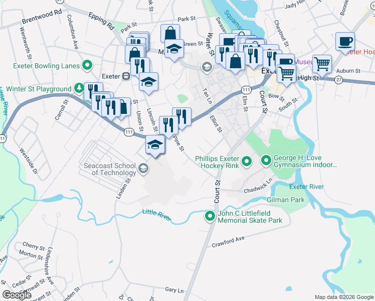 map of restaurants, bars, coffee shops, grocery stores, and more near 11 Alewife Court in Exeter