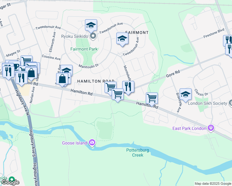 map of restaurants, bars, coffee shops, grocery stores, and more near 1460 Gore Road in London