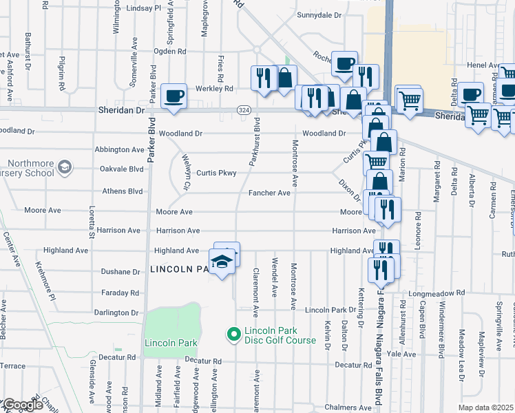 map of restaurants, bars, coffee shops, grocery stores, and more near 588 Moore Ave in Buffalo