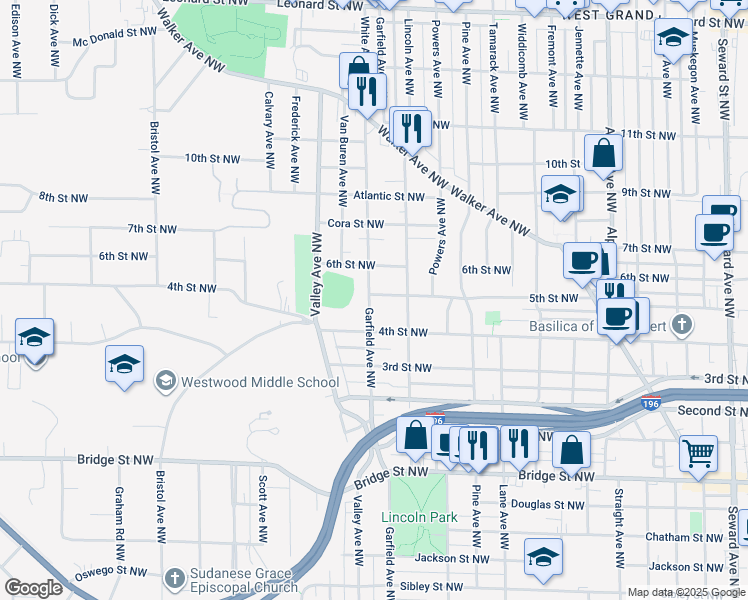 map of restaurants, bars, coffee shops, grocery stores, and more near 674 Garfield Avenue Northwest in Grand Rapids