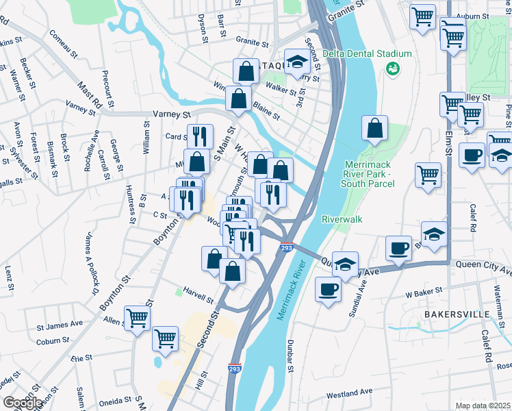 map of restaurants, bars, coffee shops, grocery stores, and more near 125 Frederick Street in Manchester