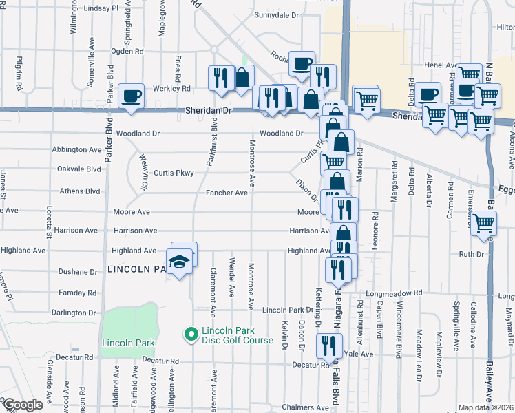 map of restaurants, bars, coffee shops, grocery stores, and more near 668 Moore Avenue in Buffalo