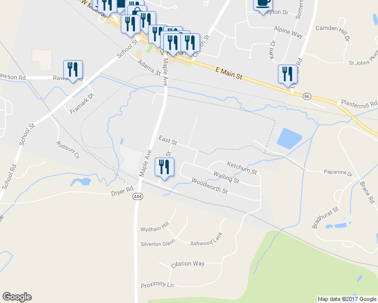 map of restaurants, bars, coffee shops, grocery stores, and more near 44 East Street in Victor