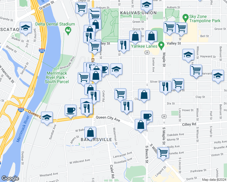 map of restaurants, bars, coffee shops, grocery stores, and more near 222 Willow Street in Manchester